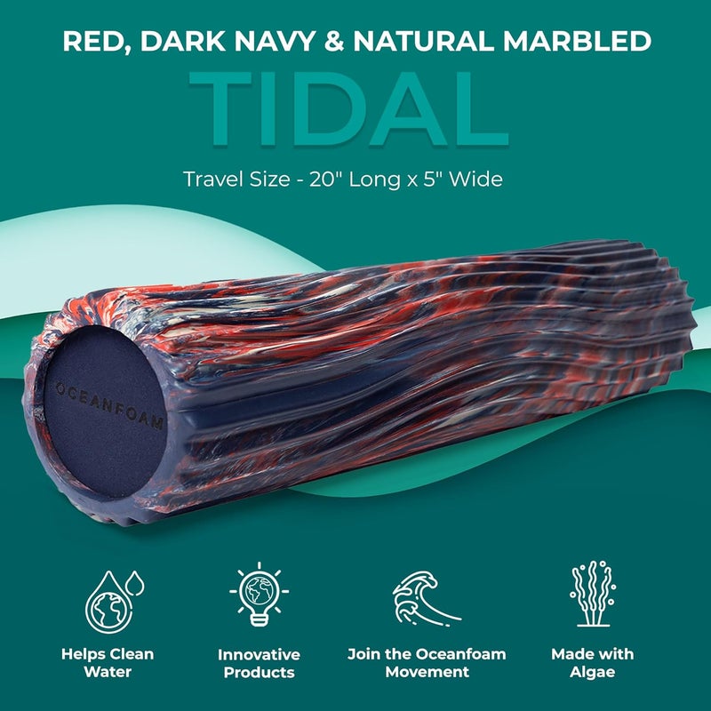 Oceanfoam Tidal Roller - Red, Dark Navy & Natural Marbled - Muscle Massage Foam Roller for Back Pain & Stretching - Firm & Ergonomic Wide Wave Textured - Yoga, Athletics, Wellness - Full Size 20" x 5" - Image 2